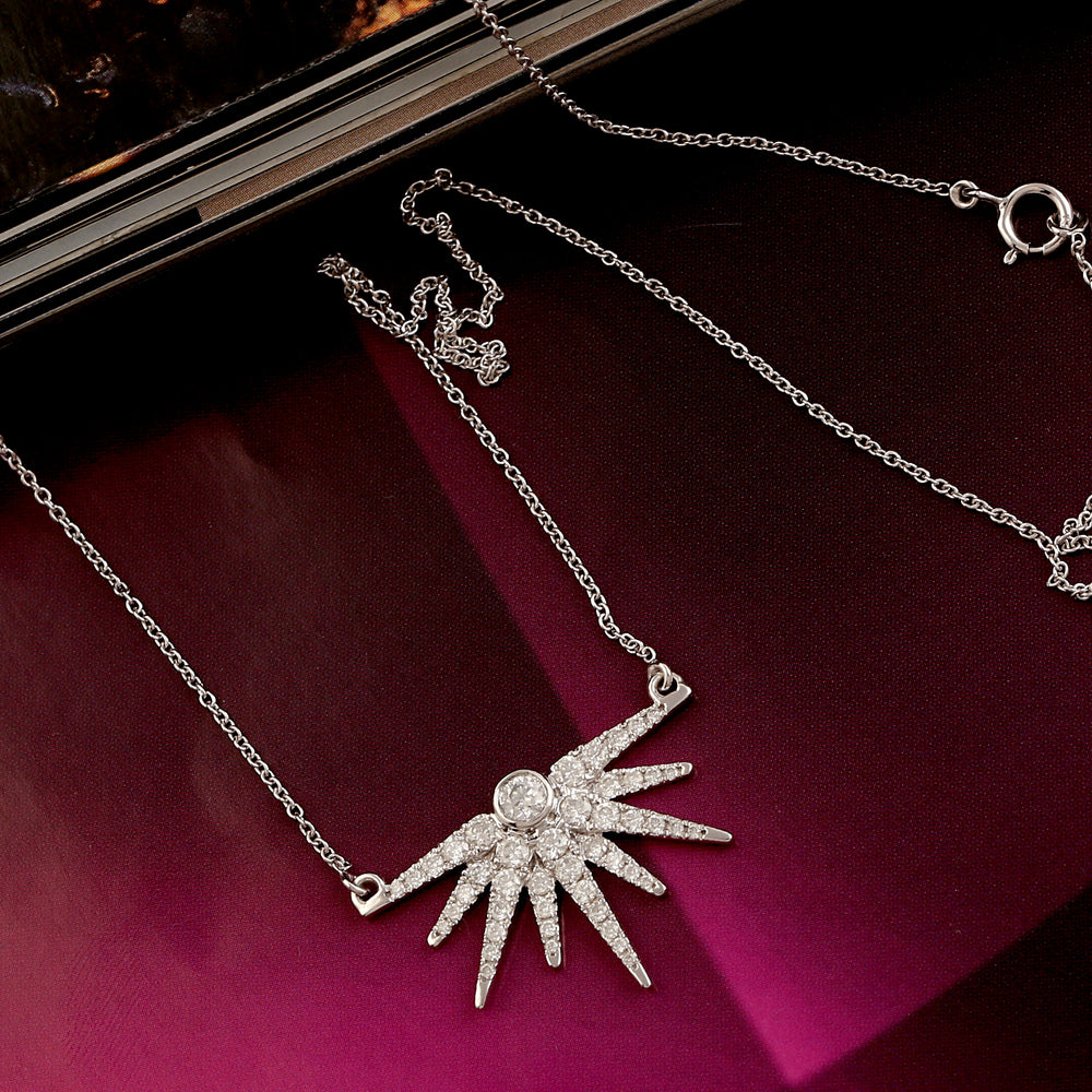18k White Gold Pave Diamond Half Sun Burst Chain Necklace Birthday Gift