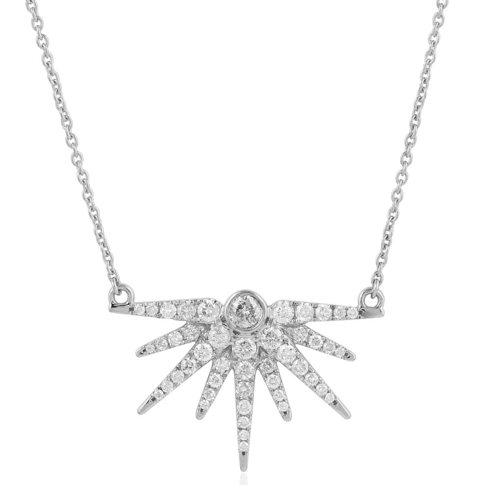 18k White Gold Pave Diamond Half Sun Burst Chain Necklace Birthday Gift