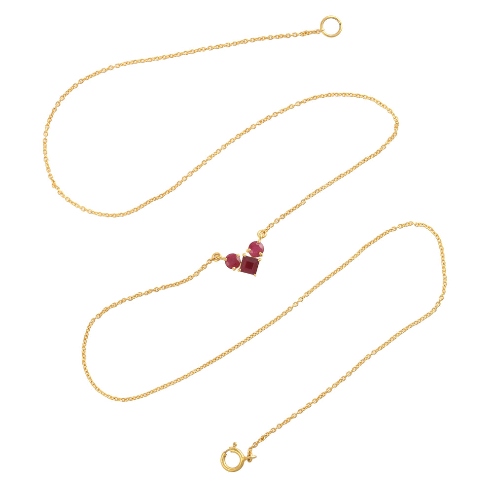 Natural Ruby Three Stone Heart Pendant In 14k Yellow Gold Chain Necklace