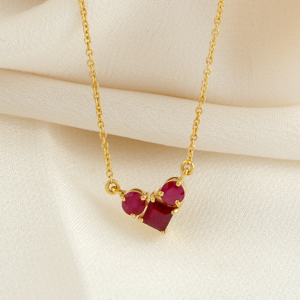 Natural Ruby Three Stone Heart Pendant In 14k Yellow Gold Chain Necklace