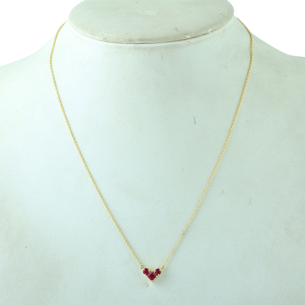 Natural Ruby Three Stone Heart Pendant In 14k Yellow Gold Chain Necklace