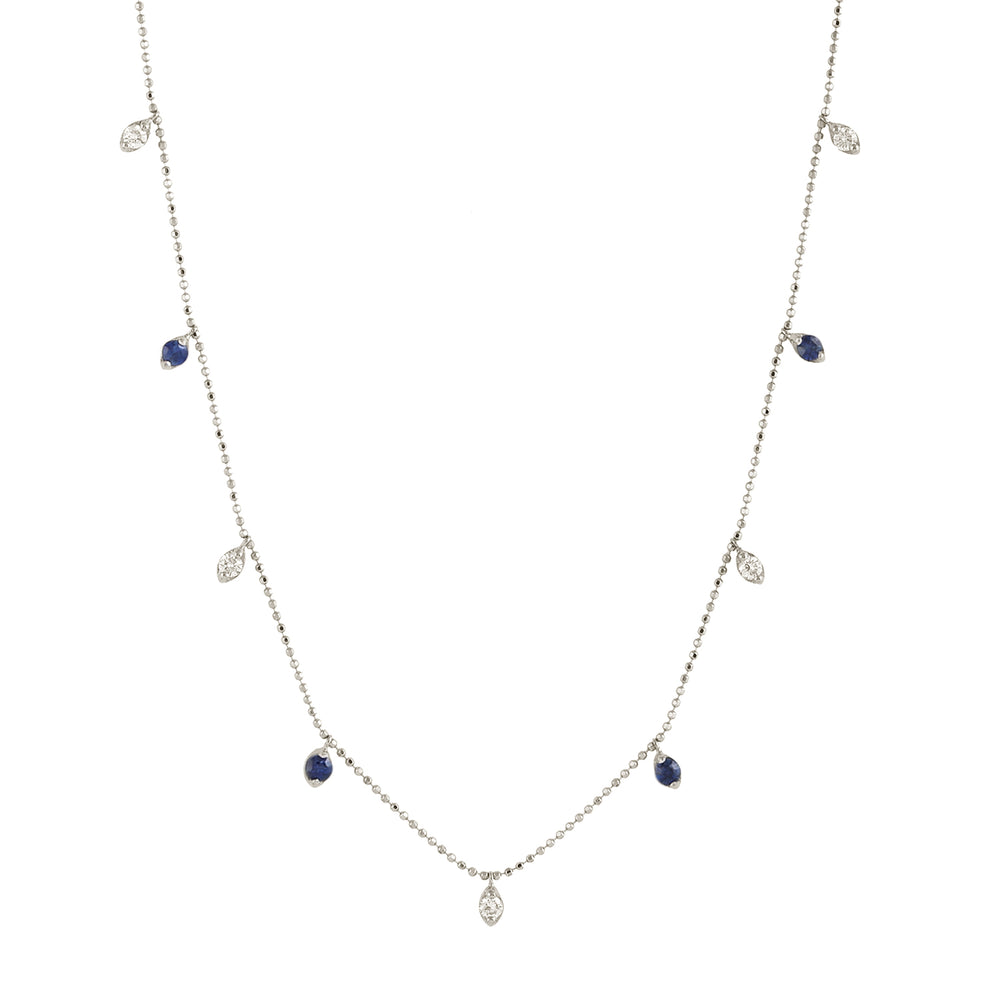 18k White Gold Dainty Chain Necklace Sapphire Gemstones & Diamond – Fine Jewelry