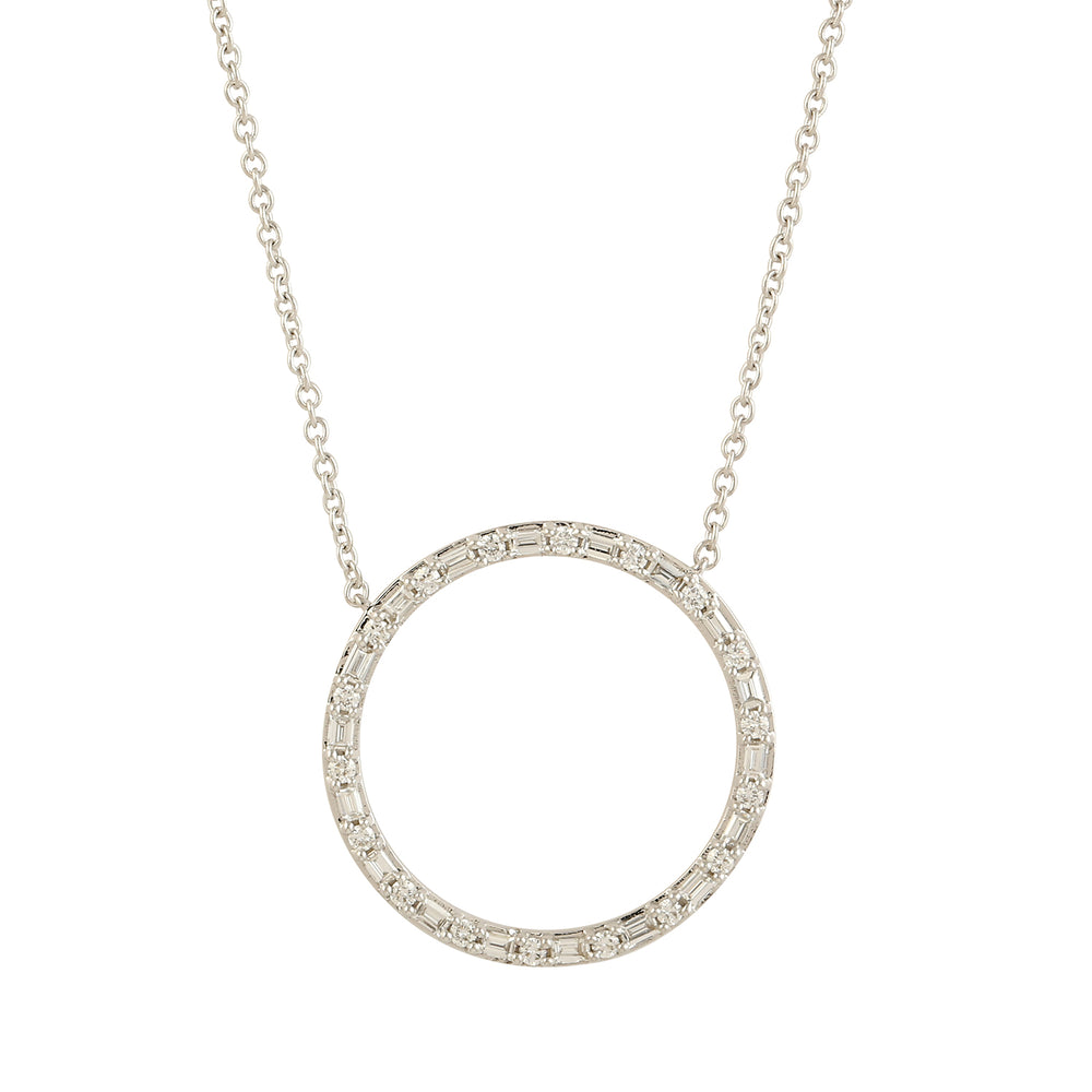 Baguette Diamond Round Hollow Pendant Necklace in 18K White Gold – Elegant Choker Length Jewelry