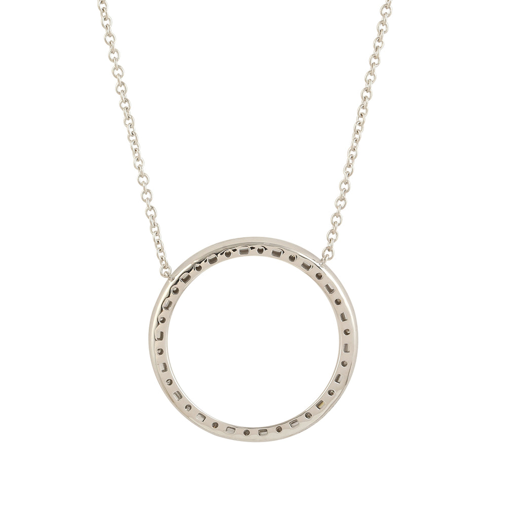 Baguette Diamond Round Hollow Pendant Necklace in 18K White Gold – Elegant Choker Length Jewelry