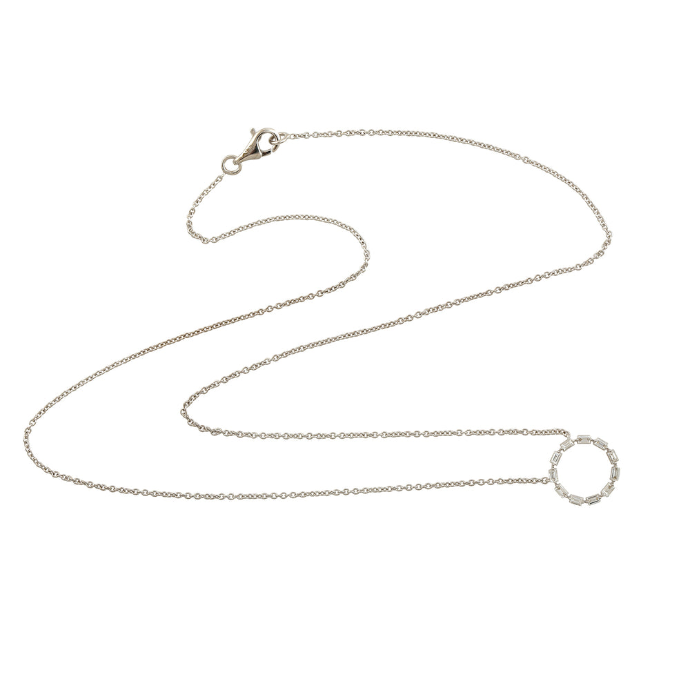 Baguette Cut Diamond Round Pendant Choker Necklace in 18K White Gold – Handmade Fine Jewelry