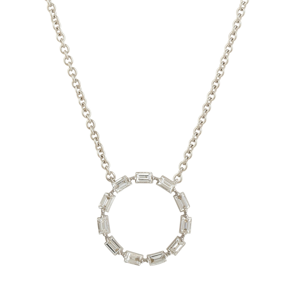 Baguette Cut Diamond Round Pendant Choker Necklace in 18K White Gold – Handmade Fine Jewelry