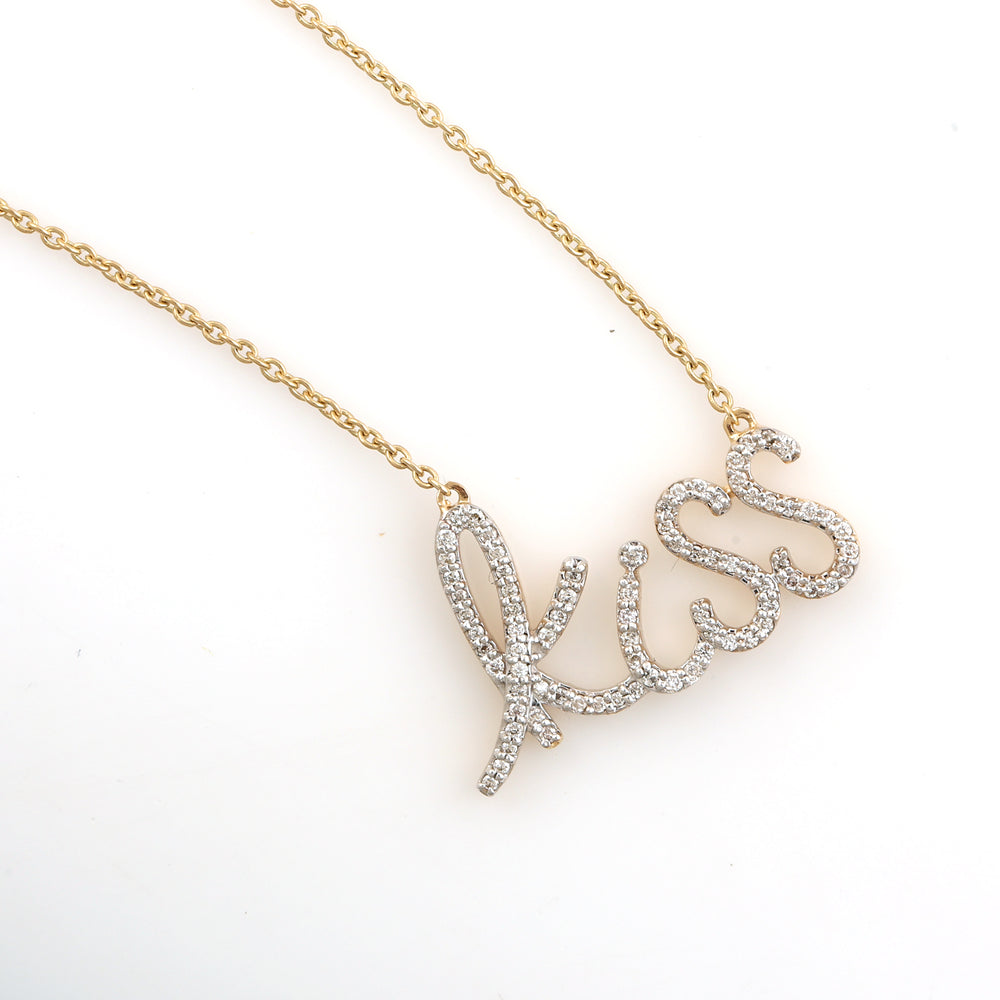 “Kiss” Diamond Initial Necklace with Pave Natural Diamonds in 18K Yellow Gold – Adjustable Choker Length