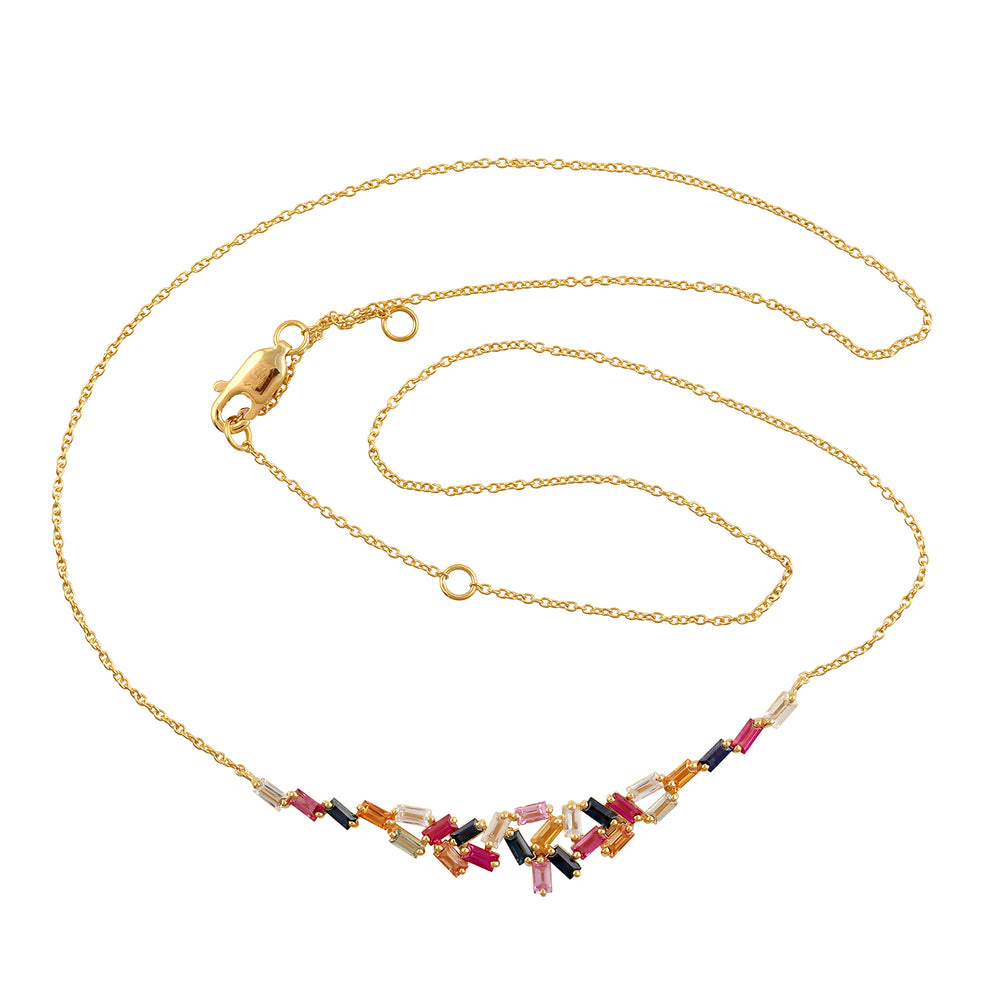 Multicolor Baguette Sapphire Dainty Chain Choker Jewelry In 18k Yellow Gold