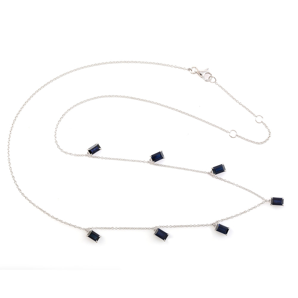 Baguette Blue Sapphire Station Necklace in 18K White Gold – Princess Style Gemstone Jewelry
