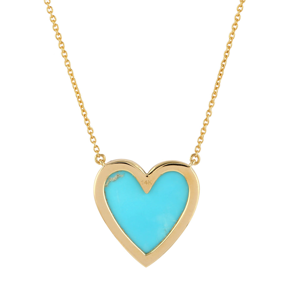 Natural Turquoise & Pave Diamond Heart Shaped Chain Pendant In 14k Yellow Gold