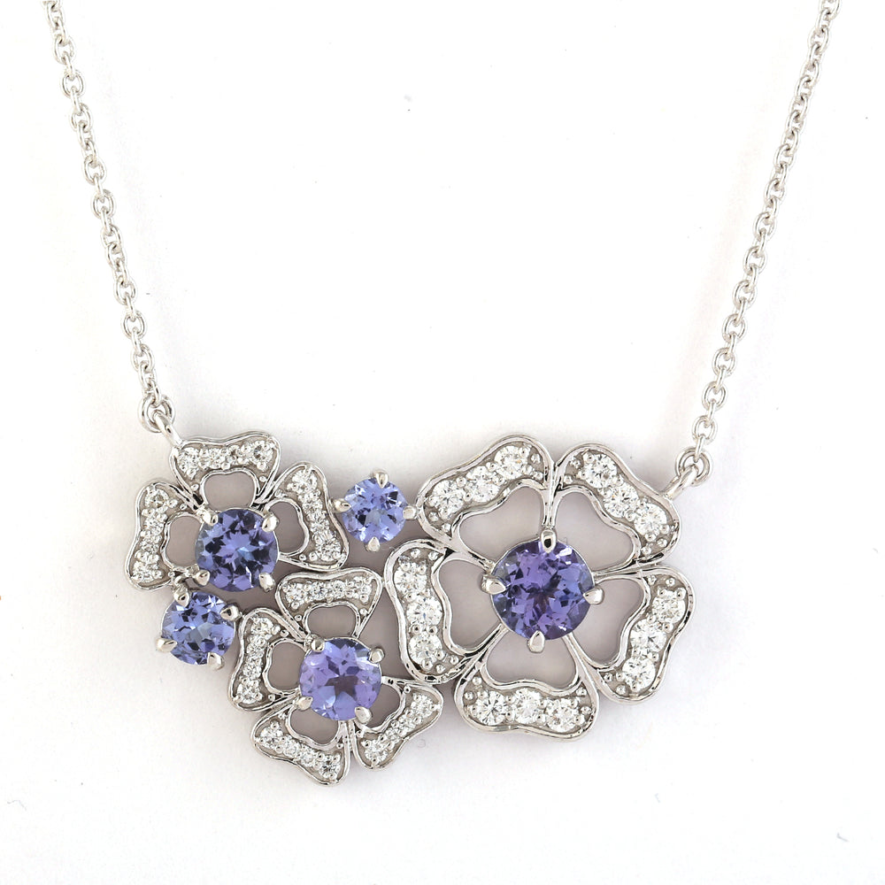 Tanzanite Pave Diamond Clover Design Choker Necklace In 18k White Gold