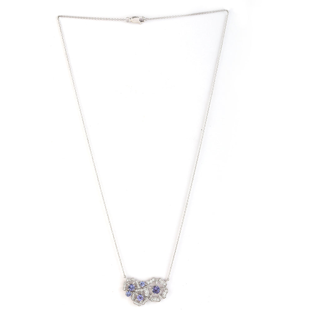 Tanzanite Pave Diamond Clover Design Choker Necklace In 18k White Gold