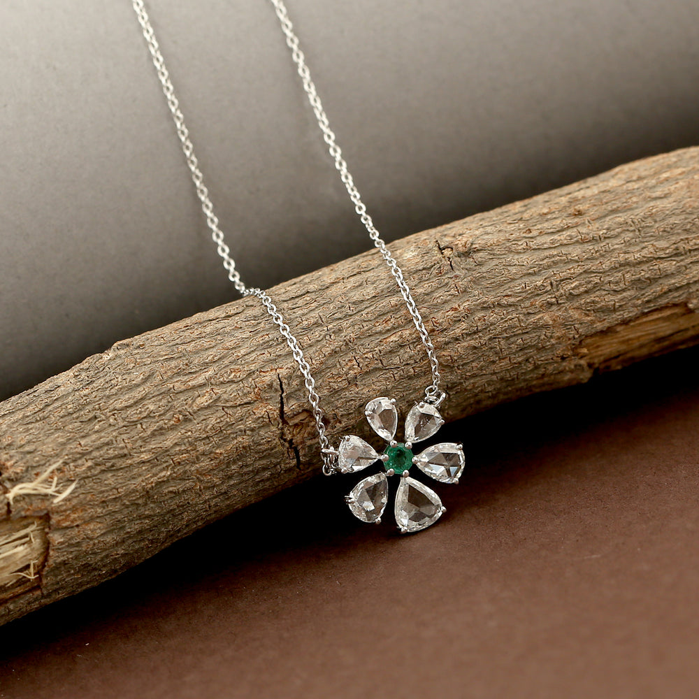 Natural Rose Cut Diamond Round Emerald Daisy Princess Necklace In 18k White Gold Gift