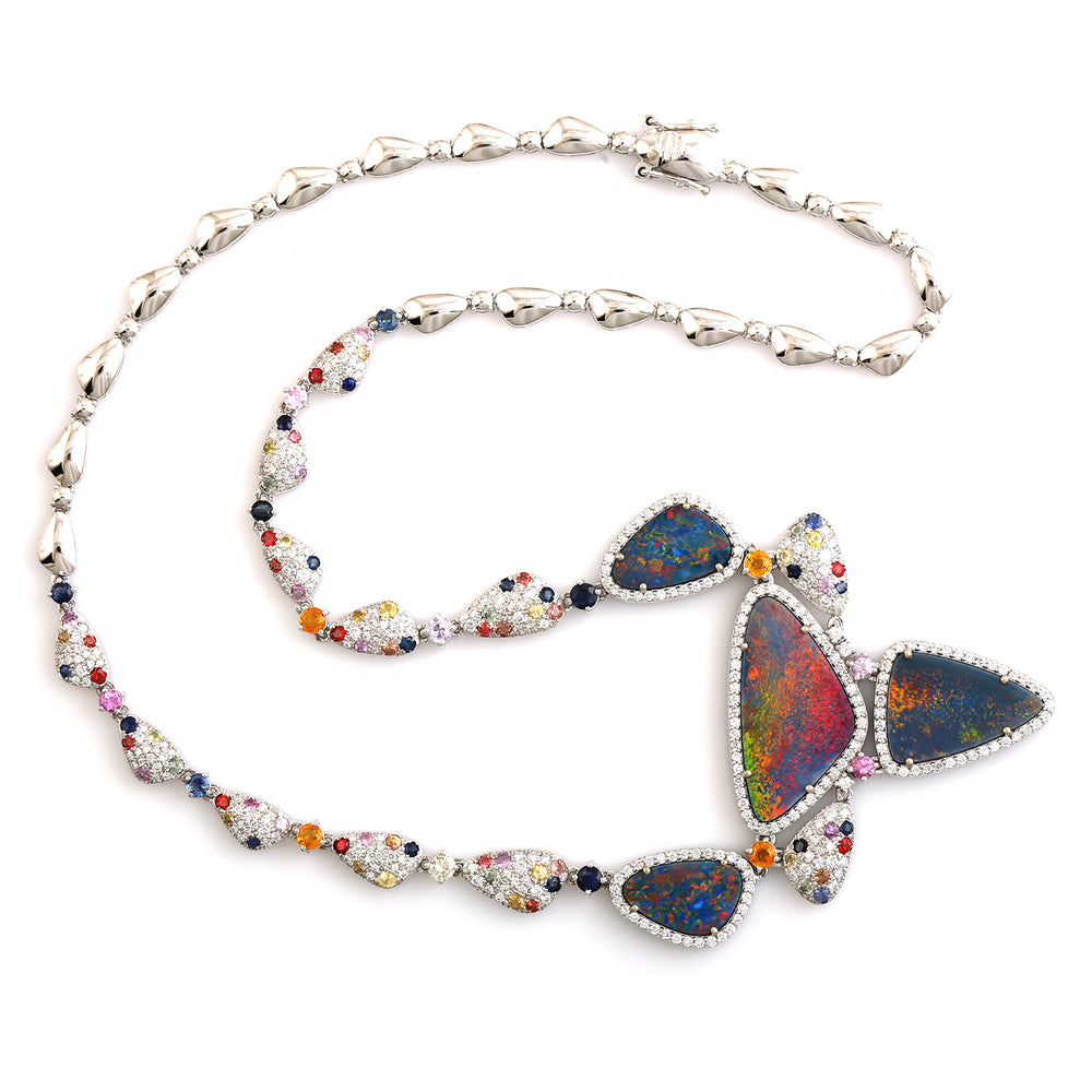 Opal Doublet Pave Multi Sapphire Diamond Choker Necklace In 18k White Gold