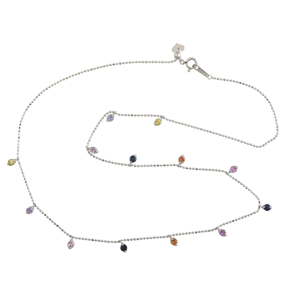 Rainbow Sapphire Birthstone Station Chain Necklace Dainty In 18k White Gold