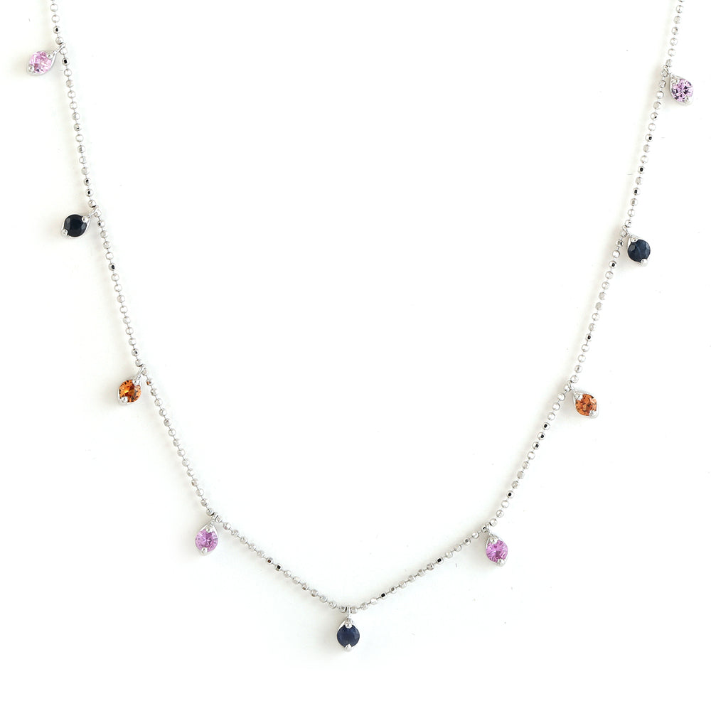 Rainbow Sapphire Birthstone Station Chain Necklace Dainty In 18k White Gold