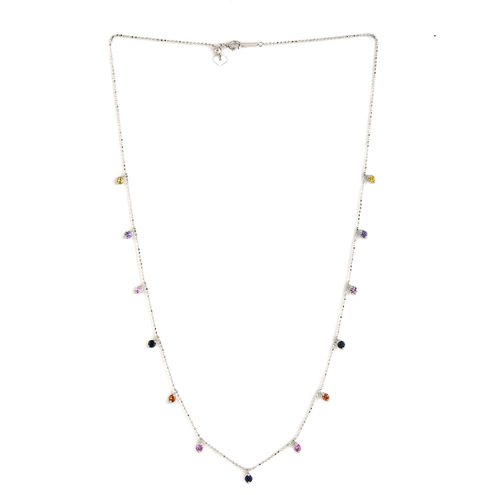 Rainbow Sapphire Birthstone Station Chain Necklace Dainty In 18k White Gold