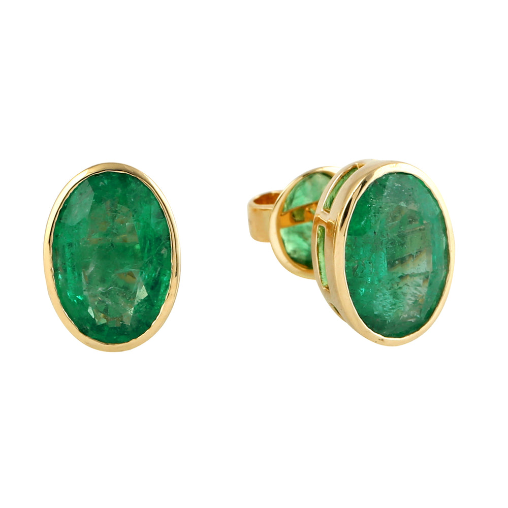 Bezel Set Emerald 18k Yellow Gold Stud Earrings For Her