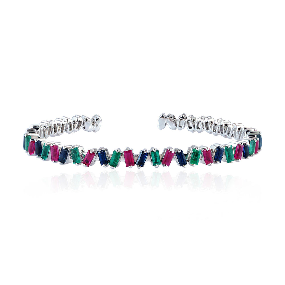 Baguette Ruby Sapphire Emerald Cuff Bracelet In 18k White Gold For Her