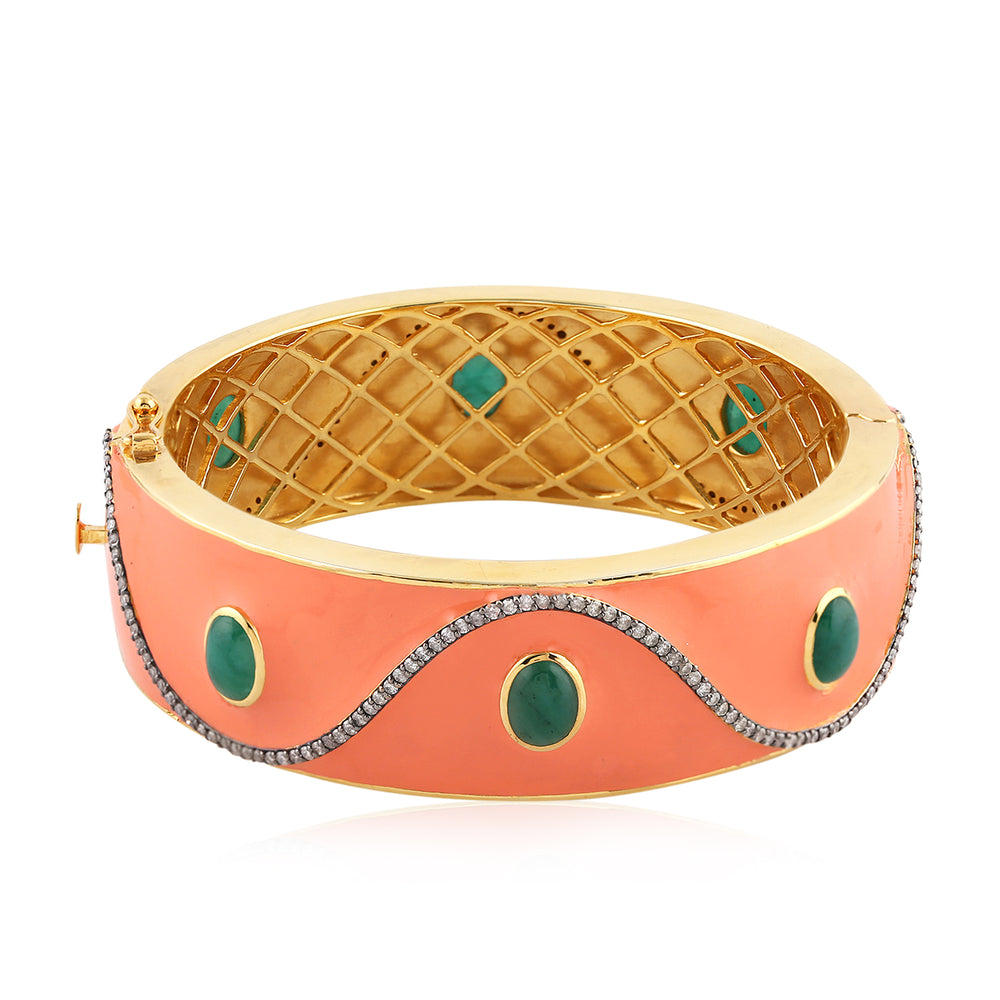 Bezel Set Emerald Pave Diamond Enamel Bangle in 18k Yellow Gold 925 Silver