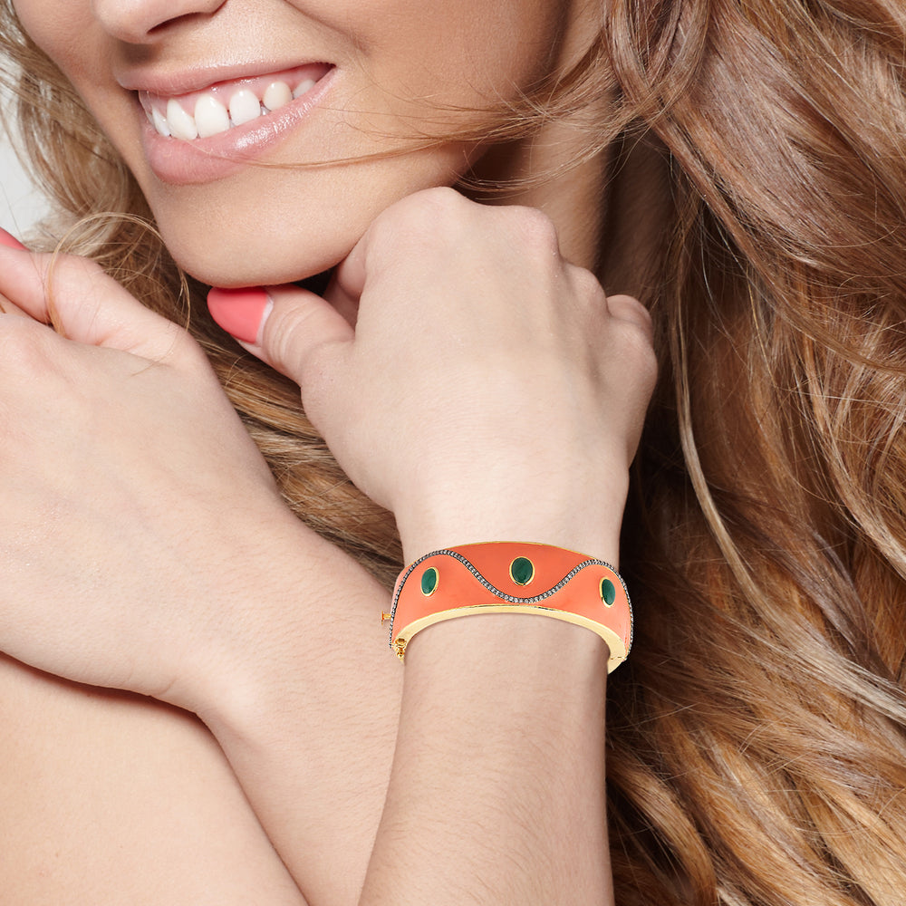 Bezel Set Emerald Pave Diamond Enamel Bangle in 18k Yellow Gold 925 Silver