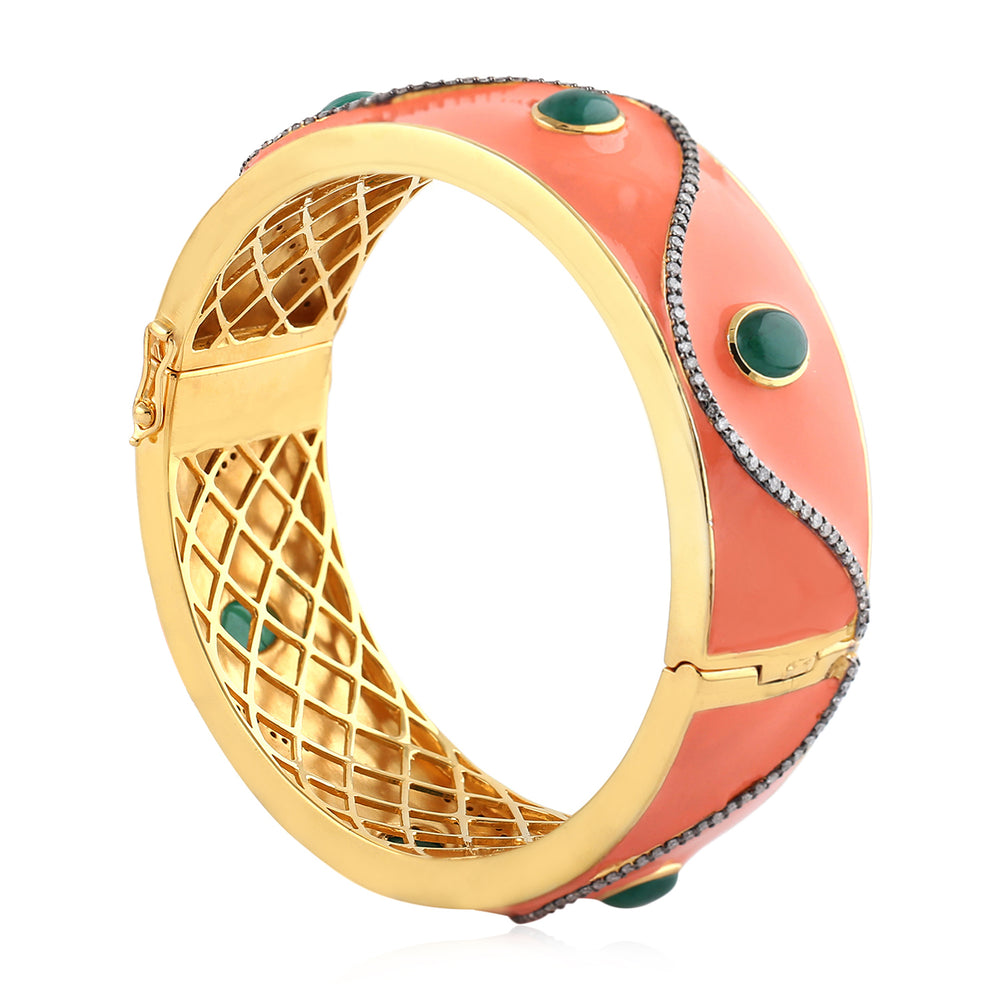 Bezel Set Emerald Pave Diamond Enamel Bangle in 18k Yellow Gold 925 Silver