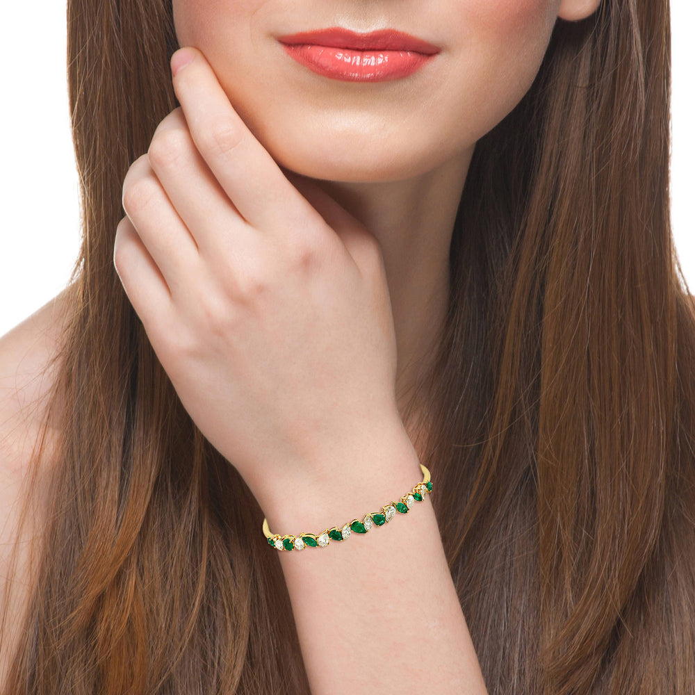 Genuine Diamond Emerald Gemstone Yellow Gold Cuff Bracelet For Women