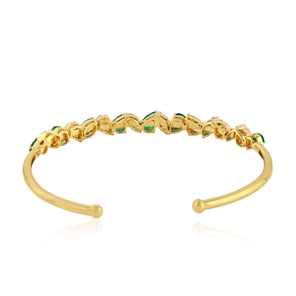 Genuine Diamond Emerald Gemstone Yellow Gold Cuff Bracelet For Women