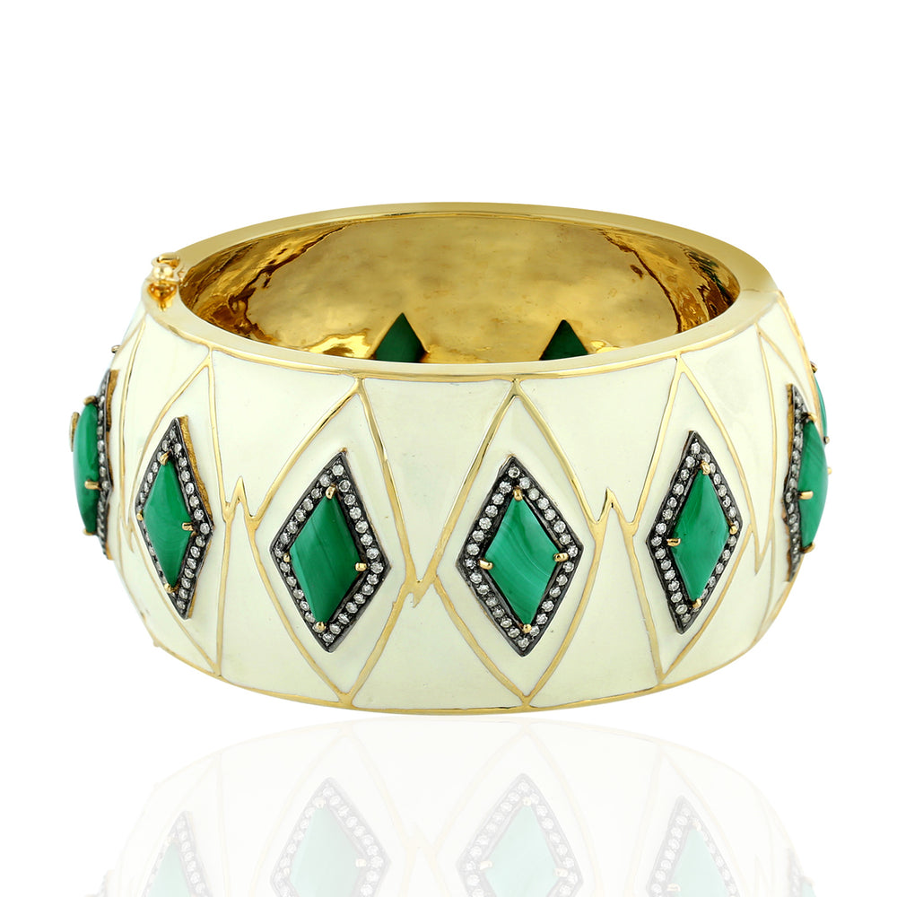 Malachite & Pave Diamond Bangle In 18K Yellow Gold 925 Silver Enamel Jewelry