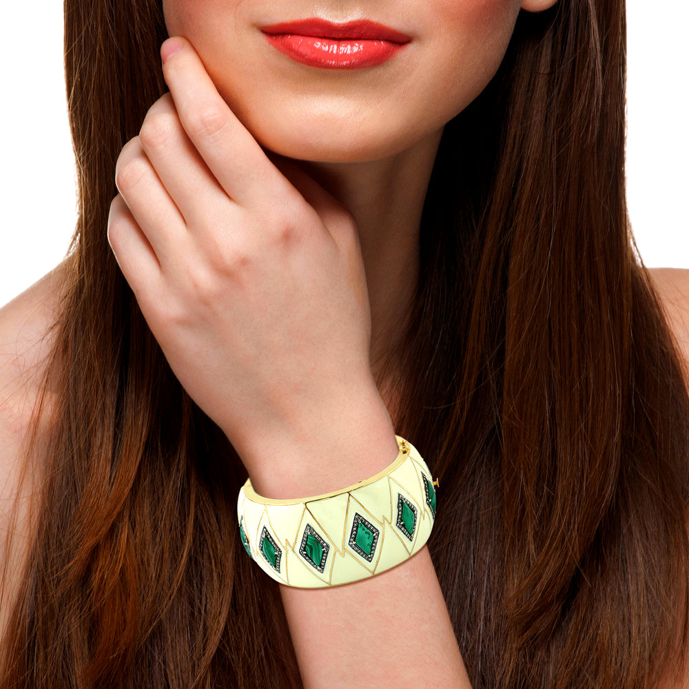Malachite & Pave Diamond Bangle In 18K Yellow Gold 925 Silver Enamel Jewelry