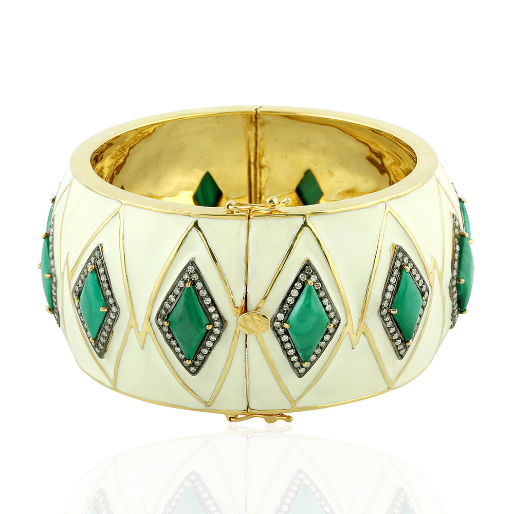 Malachite & Pave Diamond Bangle In 18K Yellow Gold 925 Silver Enamel Jewelry