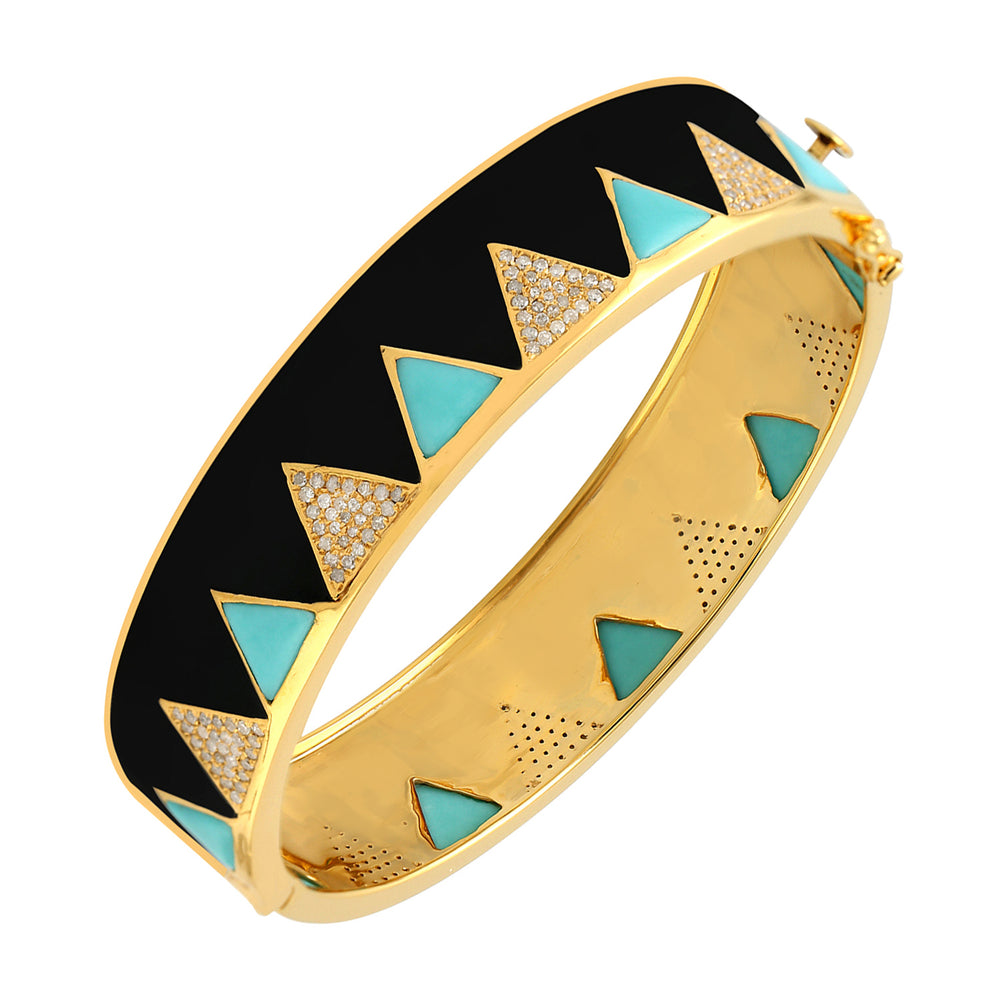 Trillion Turquoise Pave Diamond 18k Yellow Gold 925 Silver Enamel Bangle Gift