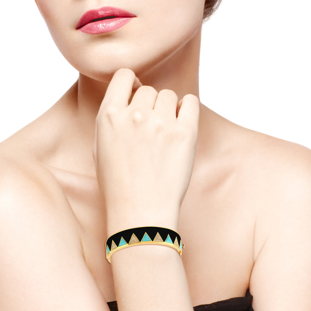 Trillion Turquoise Pave Diamond 18k Yellow Gold 925 Silver Enamel Bangle Gift