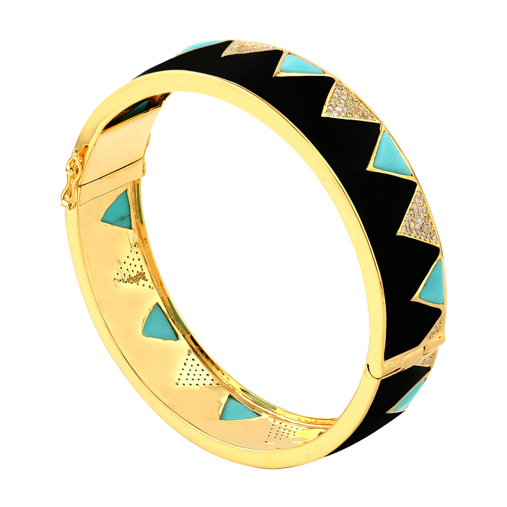 Trillion Turquoise Pave Diamond 18k Yellow Gold 925 Silver Enamel Bangle Gift