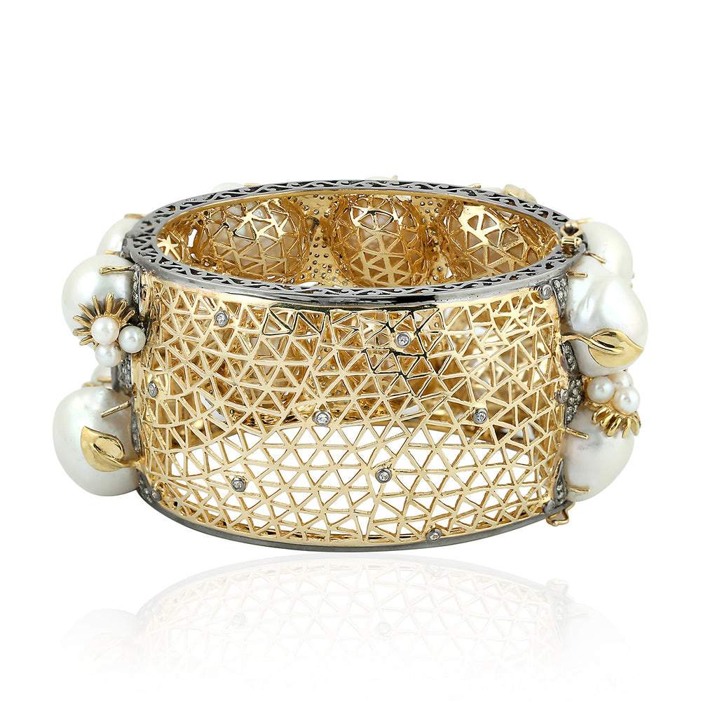 Baroque Pearl Pave Diamond & Sapphire Bangle In Gold 925 Sterling Silver