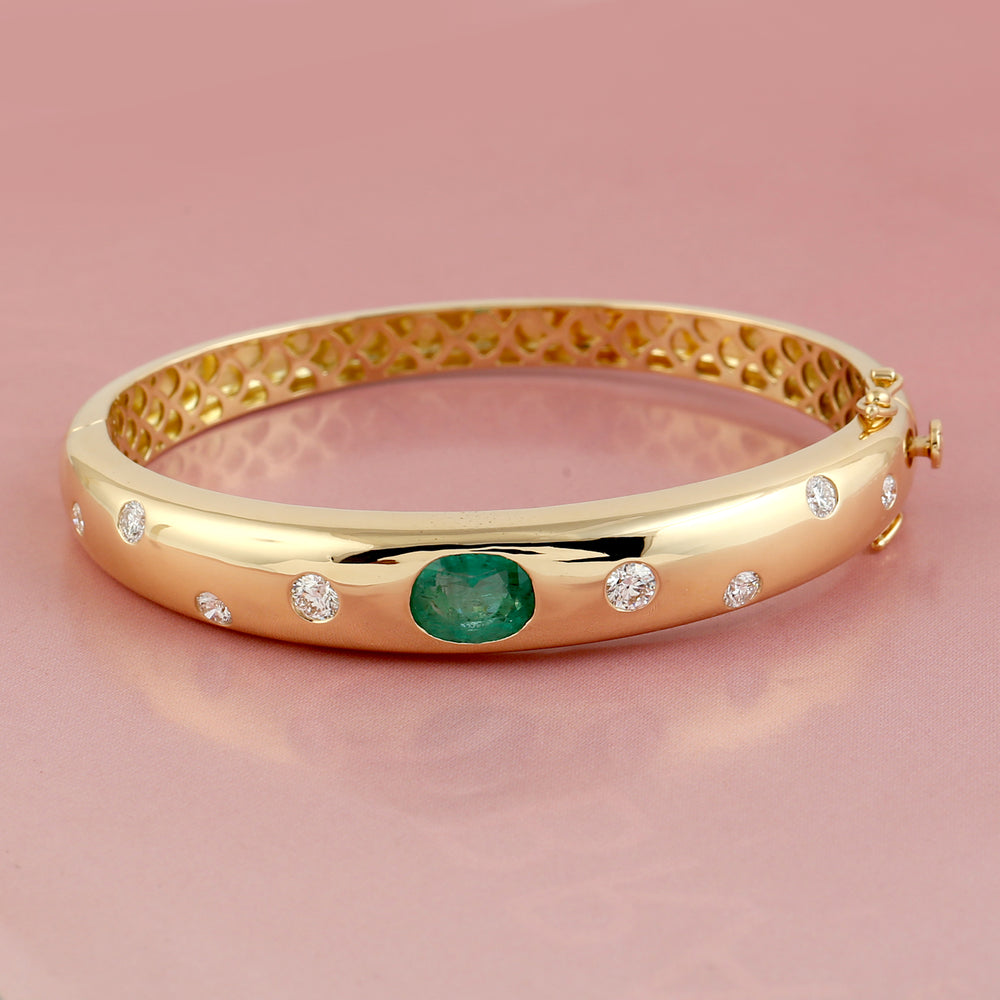 18k Yellow Gold Natural Emerald Diamond Band Ring Handmade Jewelry