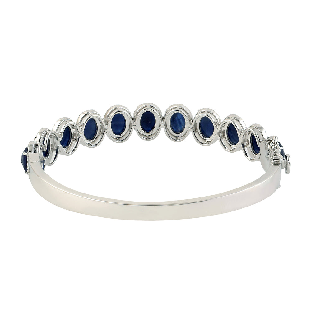 14k White Gold Natural Blue Sapphire & Pave Diamond Bangle Bracelet For Her