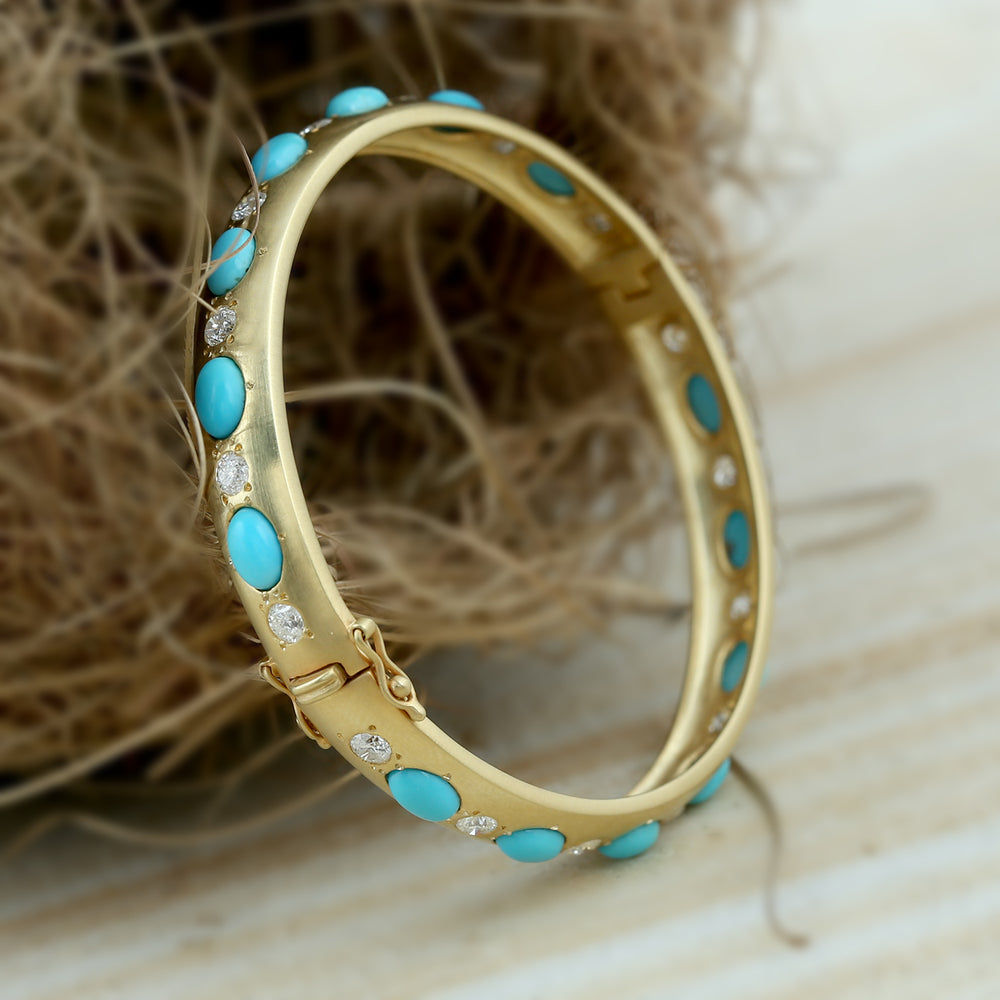 Oval Turquoise December Birthstone Diamond Weddings Bangle In 10k Yellow Gold