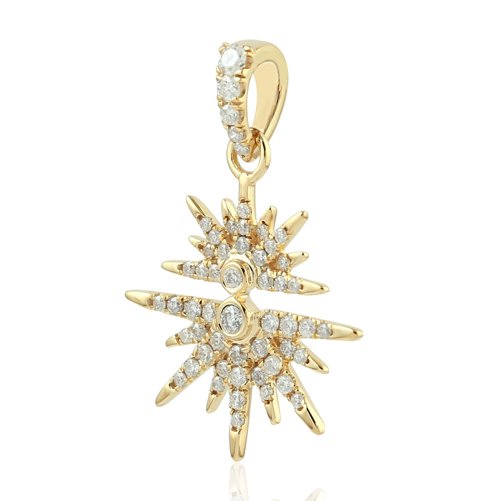 Micro Pave Diamond In 18K Yellow Gold Star Burst Pendant In Gift