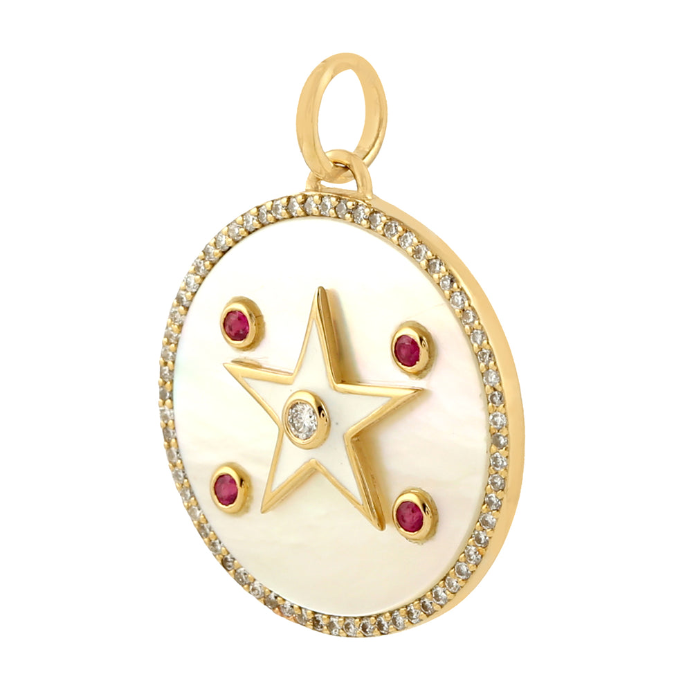 14k Yellow Gold Mother Of Pearl Diamond Star Pendant Handmade Jewelry