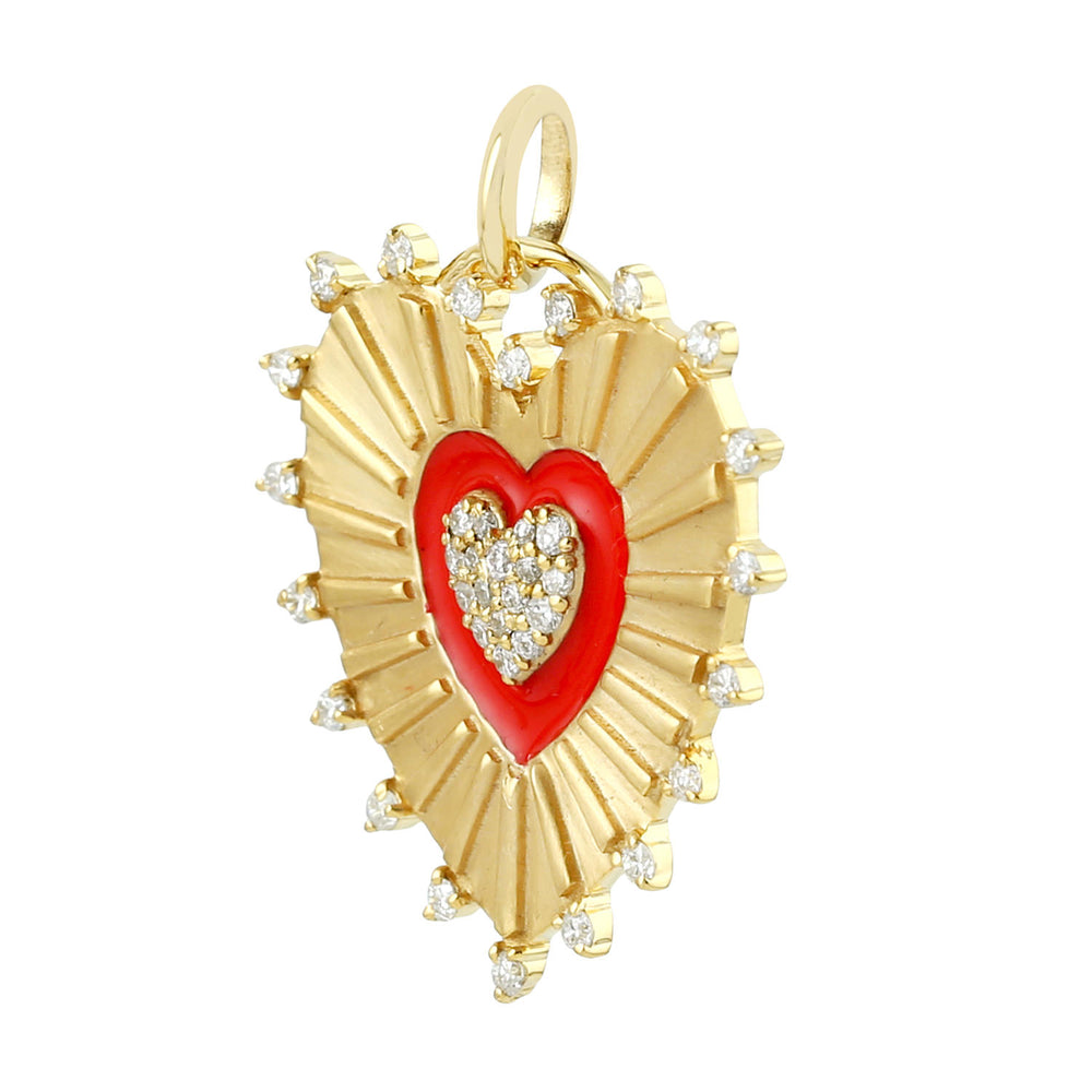 Natural Diamond Enamel Heart Pendant In 14K Yellow Gold Valentine Jewelry