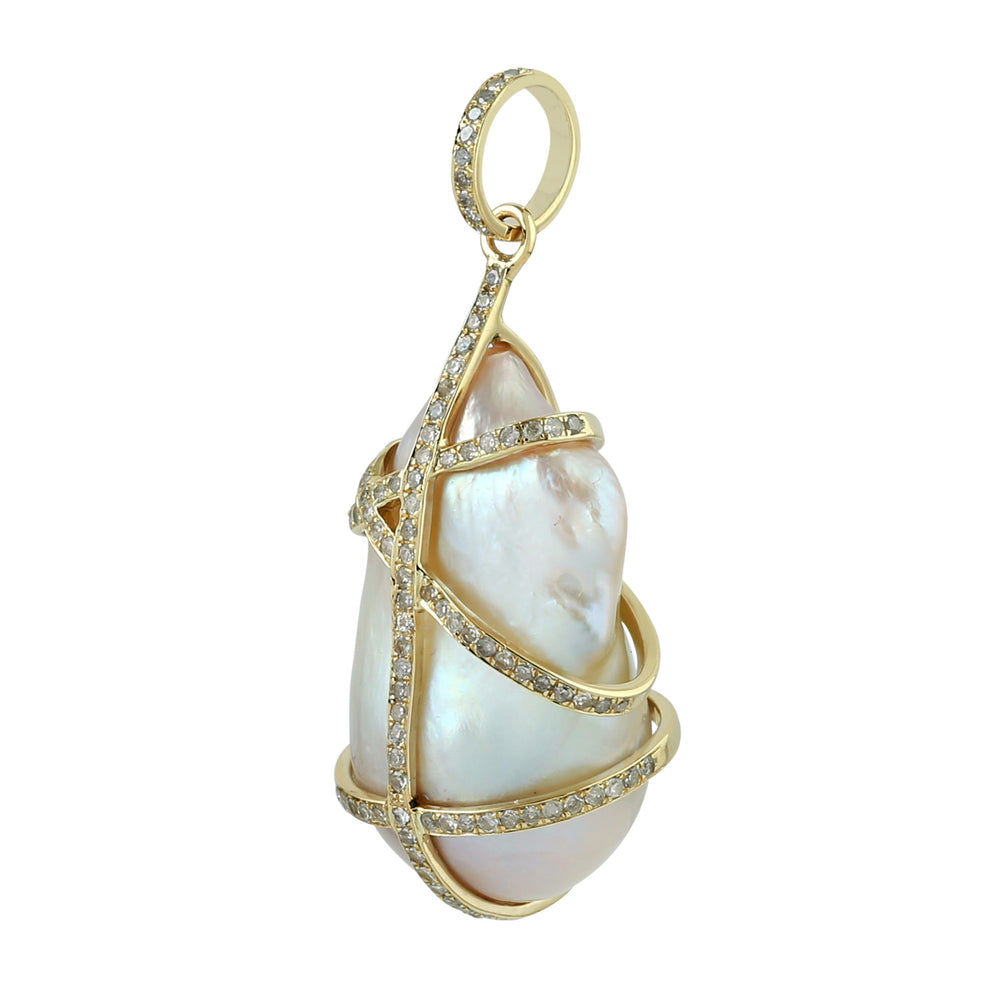 Unshaped Pearl Chinese Pave Diamond In 14k Yellow Gold Designer Pendant