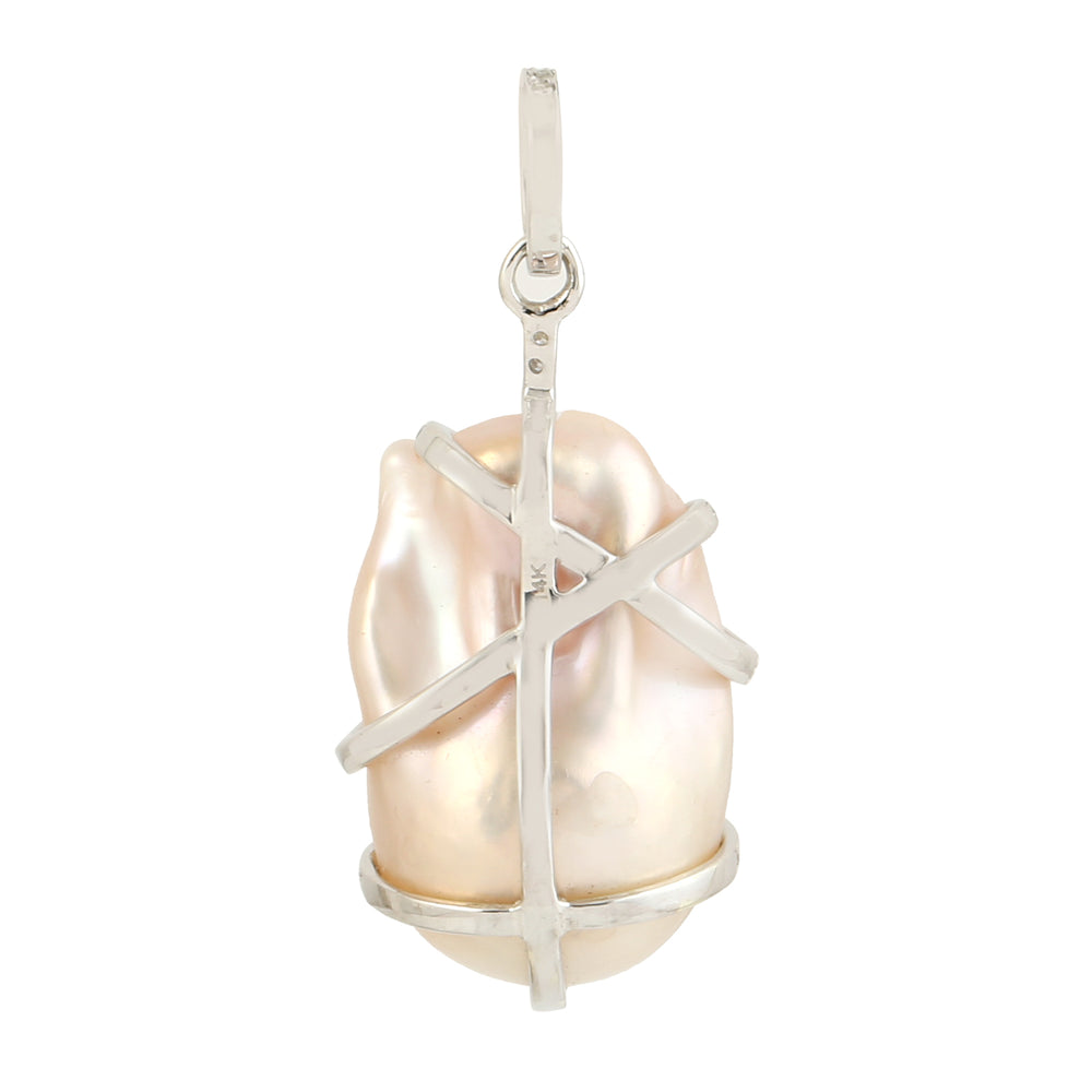 Natural Baroque Pearl Diamond Handmade Designer pendant In 14k White Gold