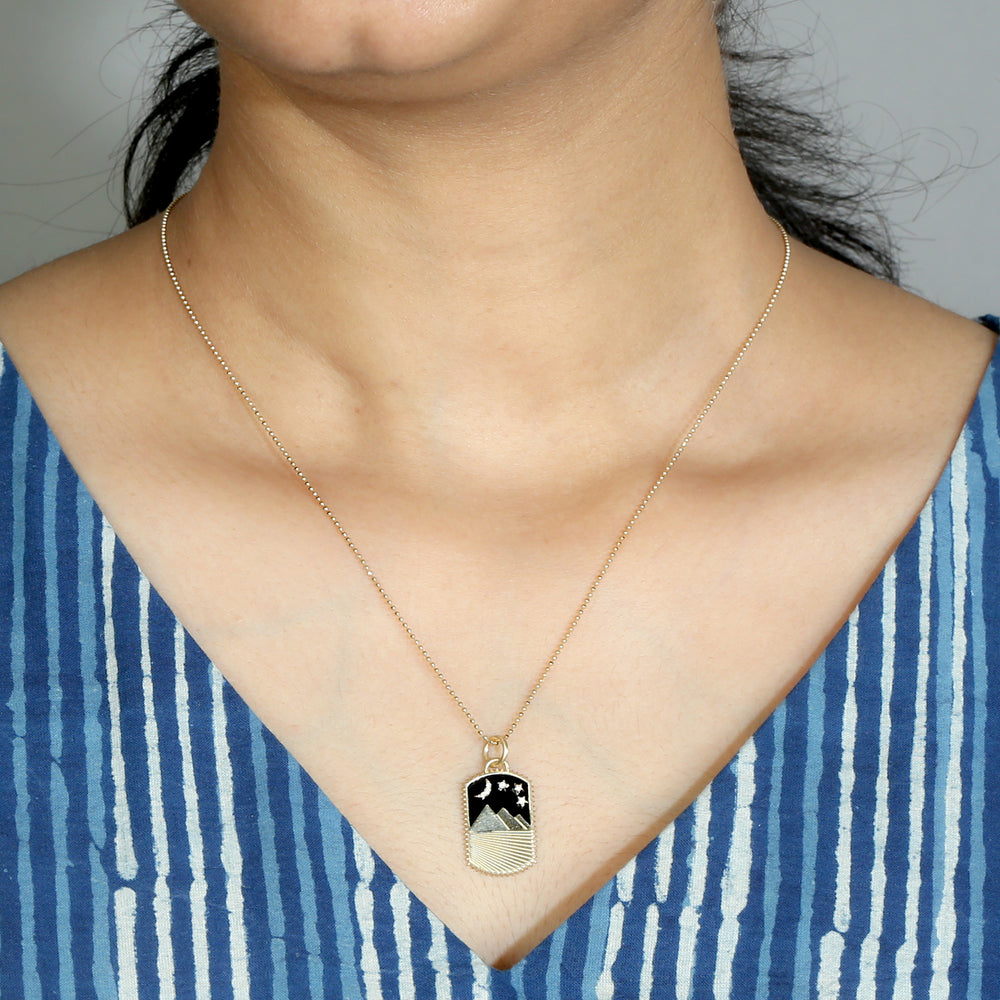 Pave Diamond Moon and Star Desert Charm Pendant In 14k Yellow Gold