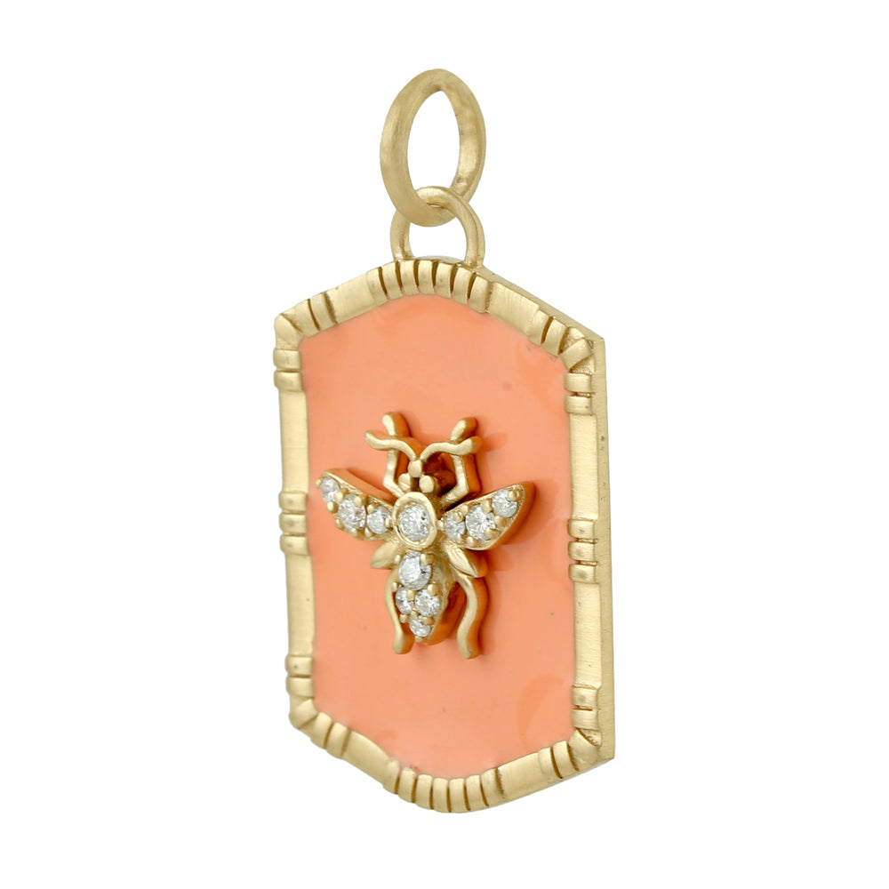 Natural Pave Diamond Housefly Charm Enamel Pendant For Gift In 18k Gold