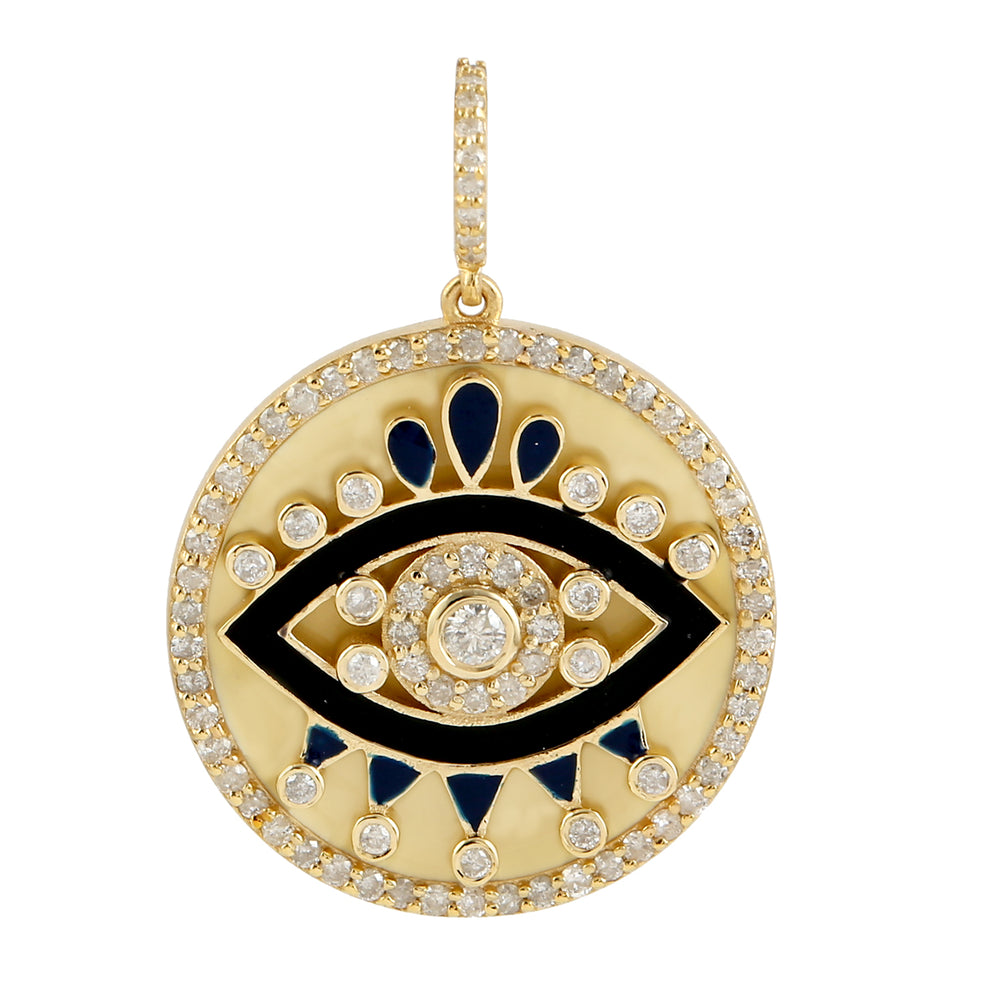 14k Yellow Gold Evil Eye Charm Pendant Pave Diamond Enamel Jewelry