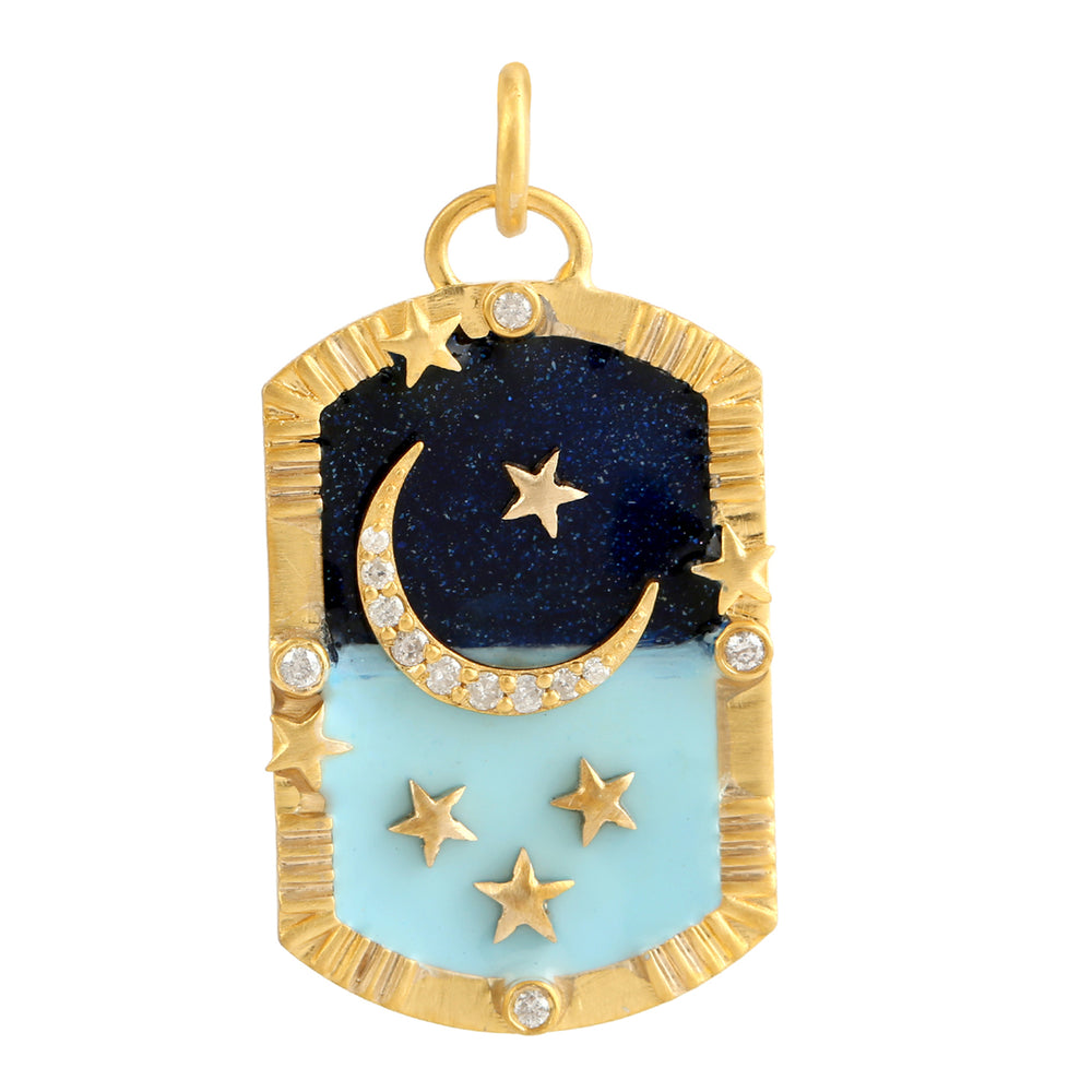 Micro Pave Diamond Crescent Moon Star Enamel Pendant In 18k Yellow Gold