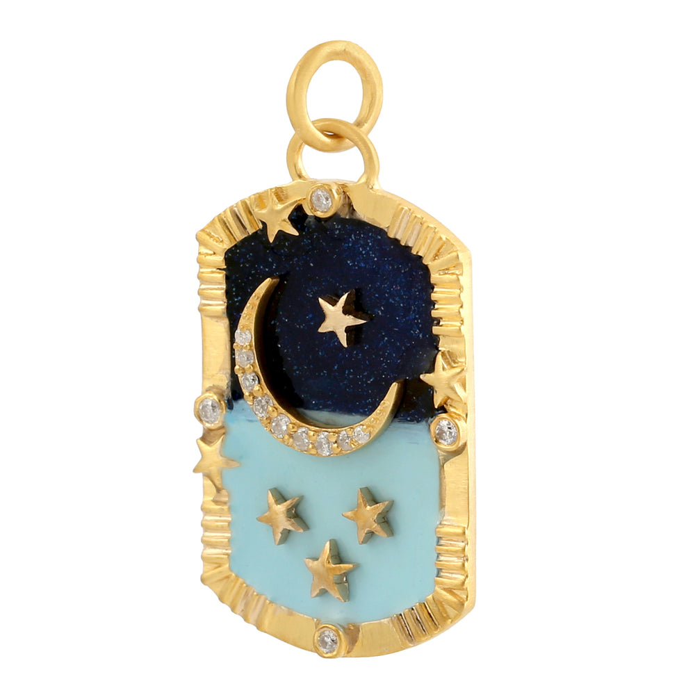 Micro Pave Diamond Crescent Moon Star Enamel Pendant In 18k Yellow Gold