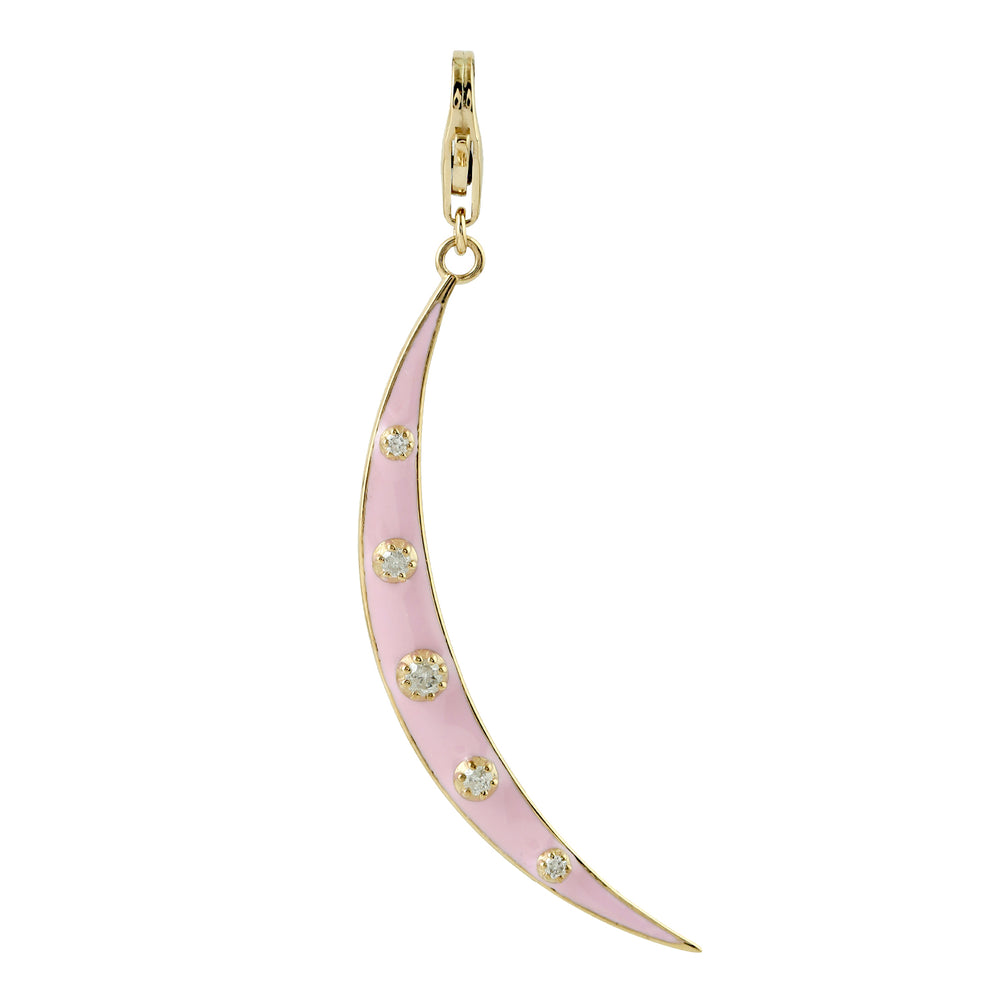 Prong Set Diamond Crescent Moon Enamel Pendant In 18K Yellow Gold