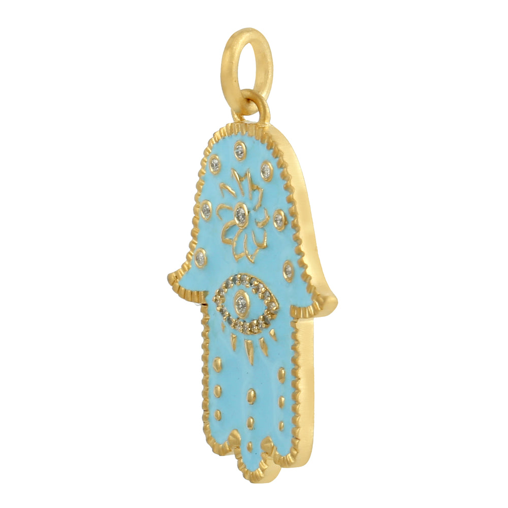 Bezel Set Diamond Hamsa Hand & Evil Eye Enamel Pendant In 14k Yellow Gold For Gift